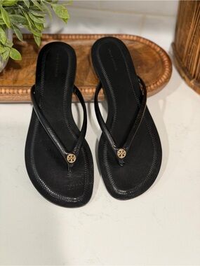 Tory Burch Black Leather Logo Thong Sandals